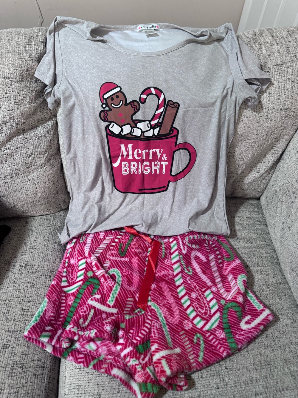 Merry & Bright Women's Pajama Set - Gray Top & Pink Candy Cane Shorts
